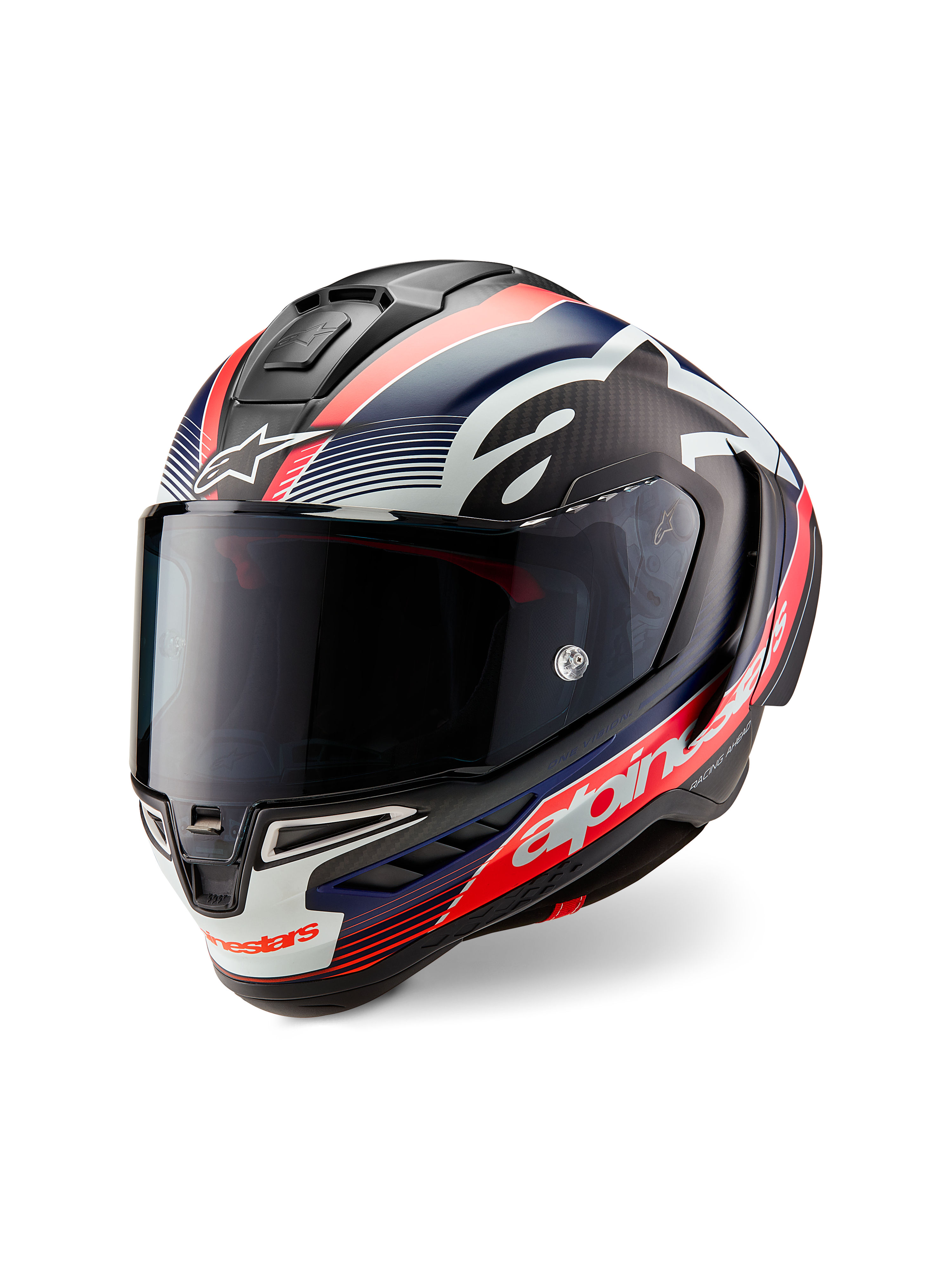 Casco Alpinestars Supertech R10 Team - Black Carb Red Fluo D Blu Matt - Vista tres cuartos