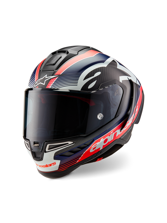 Casco Alpinestars Supertech R10 Team - Black Carb Red Fluo D Blu Matt - Vista tres cuartos