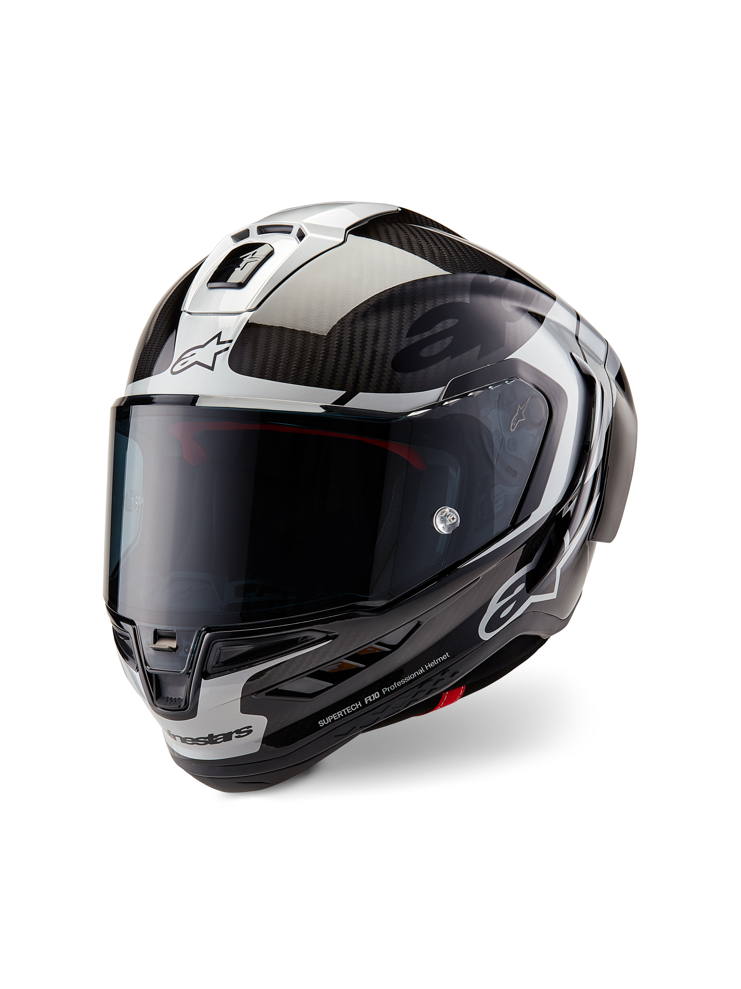 Casco Alpinestars Supertech R10 Element - Black Carb Silver Black Glossy - Vista tres cuartos
