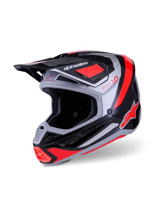 Casco Alpinestars S-M7 Rise ECE 22.06 - Black Silver Red Fluo Glossy - Vista tres cuartos