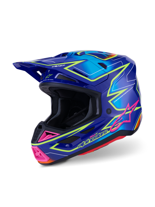Casco Alpinestars S-M7 Cast ECE 22.06 - Blue Pink Yellow Fluo Glossy - Vista tres cuartos
